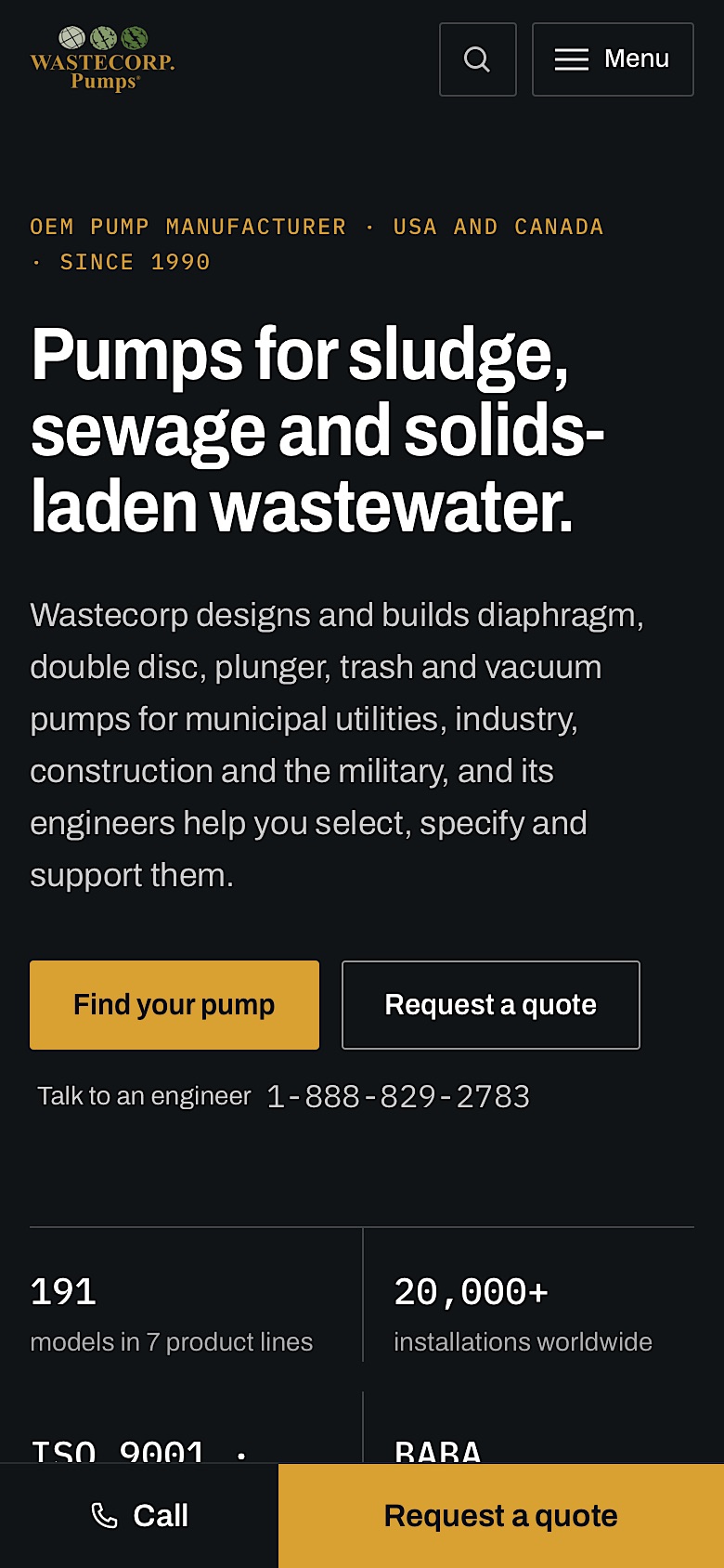 The redesigned Wastecorp Pumps website on a phone